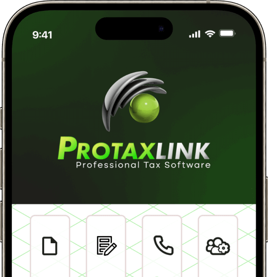 PROTAXLINK PROFESIONAL TAX SOFTWARE in Iphone 15 pro with file icon , task icon, phone icon, and manage icon at the bottom.